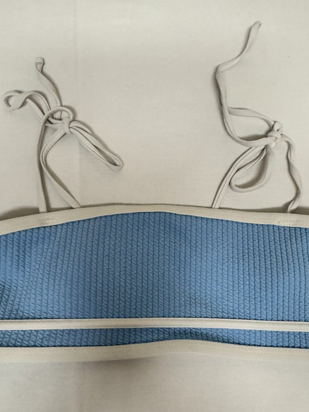 SHEIN Blue Textured Bandeau Bikini Top Medium White Trim Tie Shoulder Swim Top